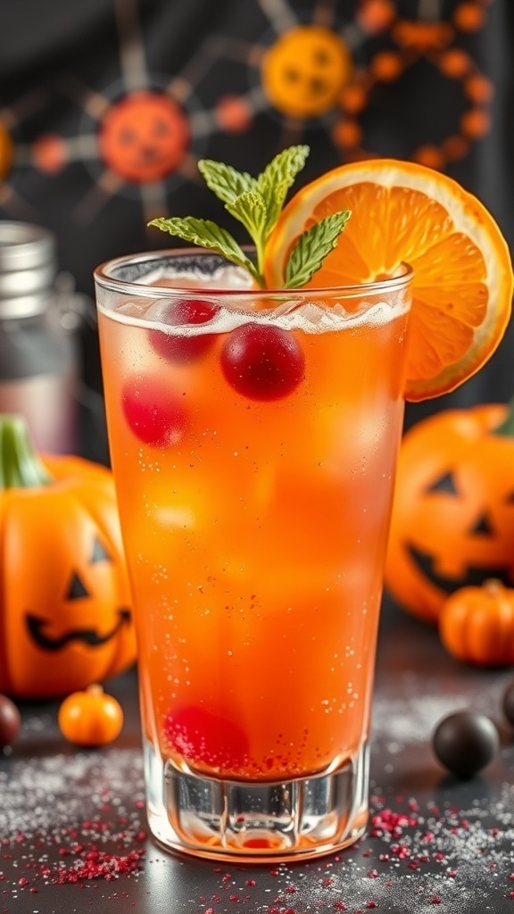 A sparkling Spooky Spritz mocktail with edible glitter, orange slice, and mint garnish in a festive Halloween setting.